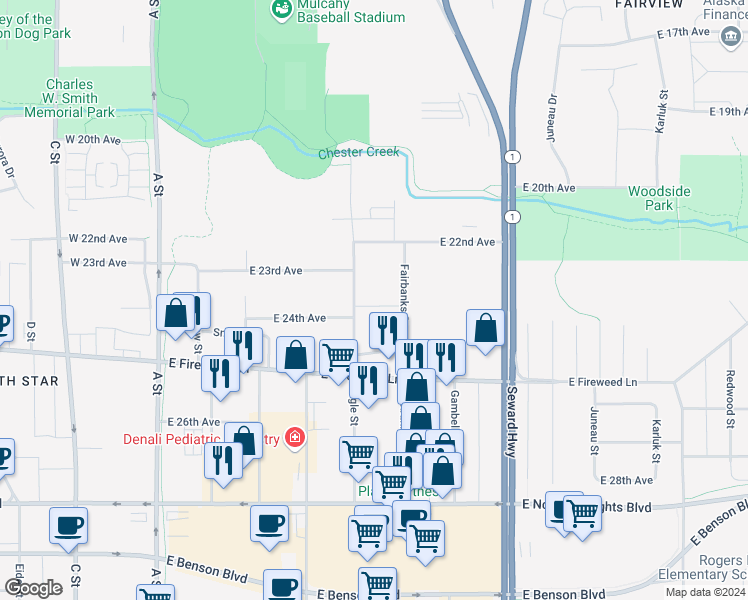map of restaurants, bars, coffee shops, grocery stores, and more near 2301 Eagle Street in Anchorage