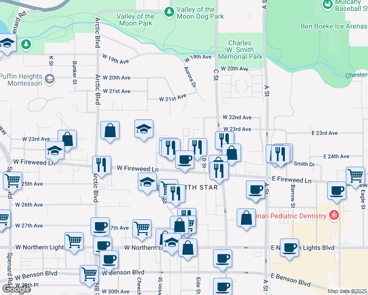map of restaurants, bars, coffee shops, grocery stores, and more near 2209 Eureka Street in Anchorage