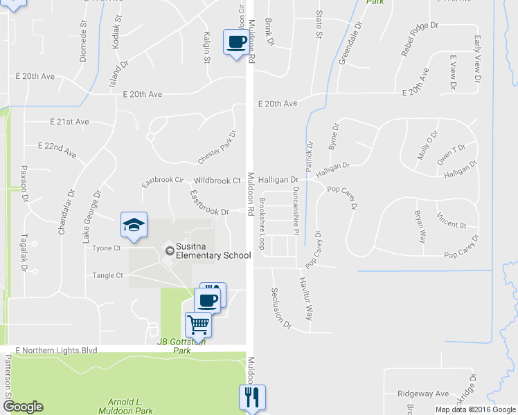 map of restaurants, bars, coffee shops, grocery stores, and more near 2344 Brookshire Loop in Anchorage