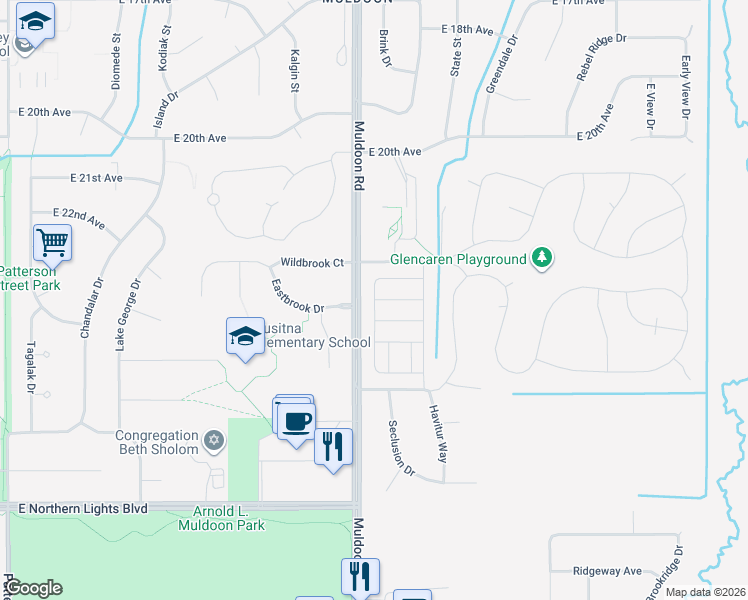 map of restaurants, bars, coffee shops, grocery stores, and more near Normanshire Court in Anchorage