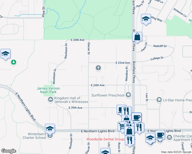 map of restaurants, bars, coffee shops, grocery stores, and more near 5144 East 22nd Avenue in Anchorage