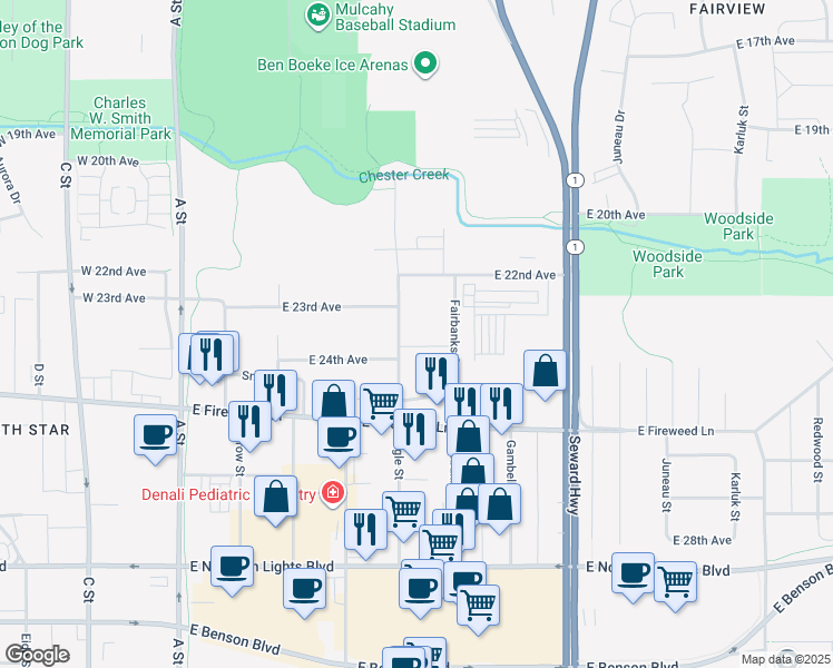 map of restaurants, bars, coffee shops, grocery stores, and more near 2301 Eagle Street in Anchorage