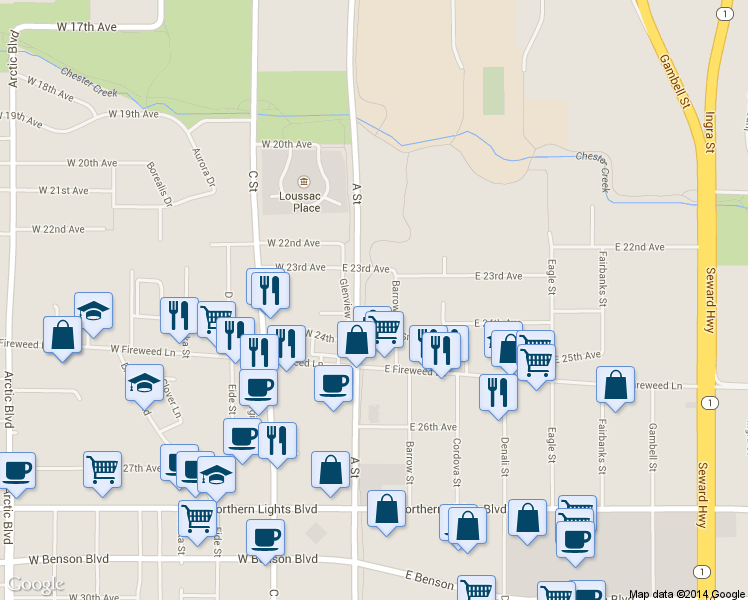 map of restaurants, bars, coffee shops, grocery stores, and more near 124 East 23rd Avenue in Anchorage