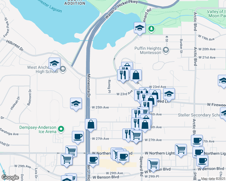 map of restaurants, bars, coffee shops, grocery stores, and more near 2205 Romig Place in Anchorage
