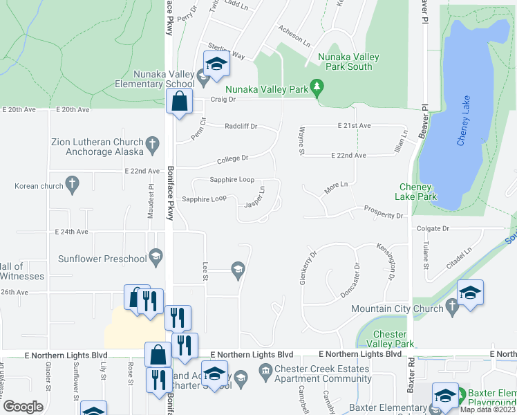 map of restaurants, bars, coffee shops, grocery stores, and more near 2259 Jasper Lane in Anchorage