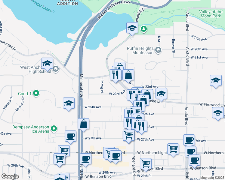 map of restaurants, bars, coffee shops, grocery stores, and more near 1303 West 23rd Avenue in Anchorage