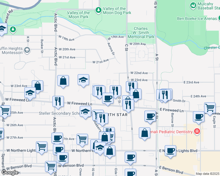 map of restaurants, bars, coffee shops, grocery stores, and more near 2209 Eureka Street in Anchorage