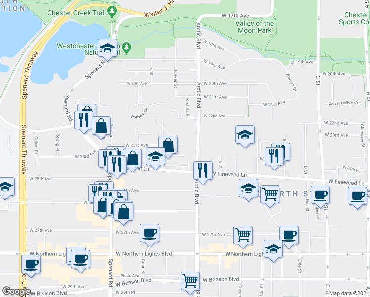 map of restaurants, bars, coffee shops, grocery stores, and more near 901 West 23rd Avenue in Anchorage