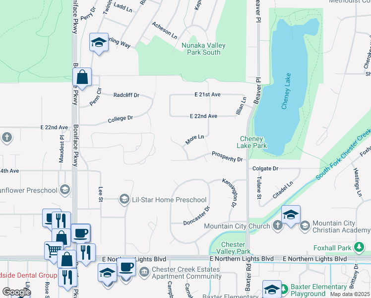 map of restaurants, bars, coffee shops, grocery stores, and more near 6005 More Lane in Anchorage
