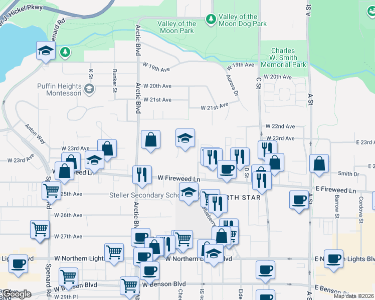 map of restaurants, bars, coffee shops, grocery stores, and more near 605 West Fireweed Lane in Anchorage