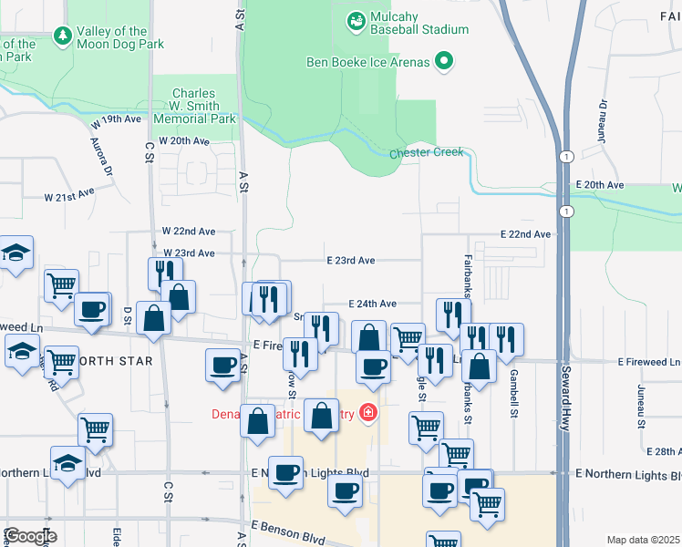 map of restaurants, bars, coffee shops, grocery stores, and more near 316 East 23rd Avenue in Anchorage