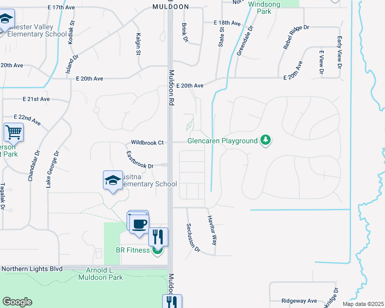 map of restaurants, bars, coffee shops, grocery stores, and more near 2253 Brookshire Loop in Anchorage