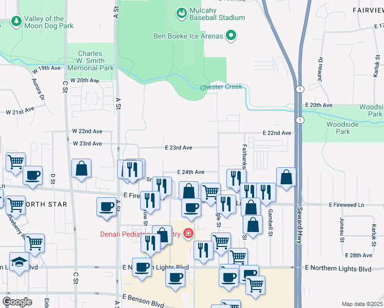 map of restaurants, bars, coffee shops, grocery stores, and more near 364 East 23rd Avenue in Anchorage