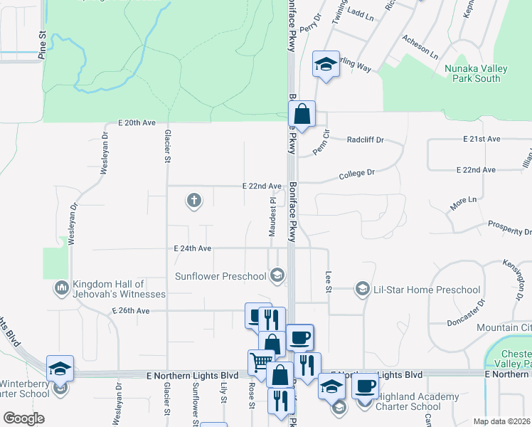 map of restaurants, bars, coffee shops, grocery stores, and more near 2246 Maudest Place in Anchorage