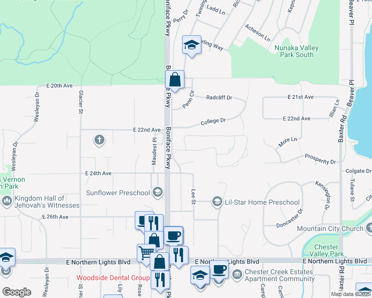 map of restaurants, bars, coffee shops, grocery stores, and more near 5503 Sapphire Loop in Anchorage