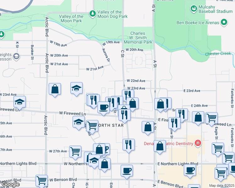 map of restaurants, bars, coffee shops, grocery stores, and more near 2303 D Street in Anchorage