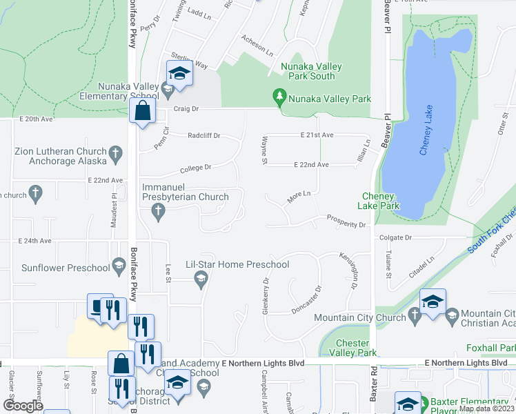map of restaurants, bars, coffee shops, grocery stores, and more near 2326 Success Drive in Anchorage