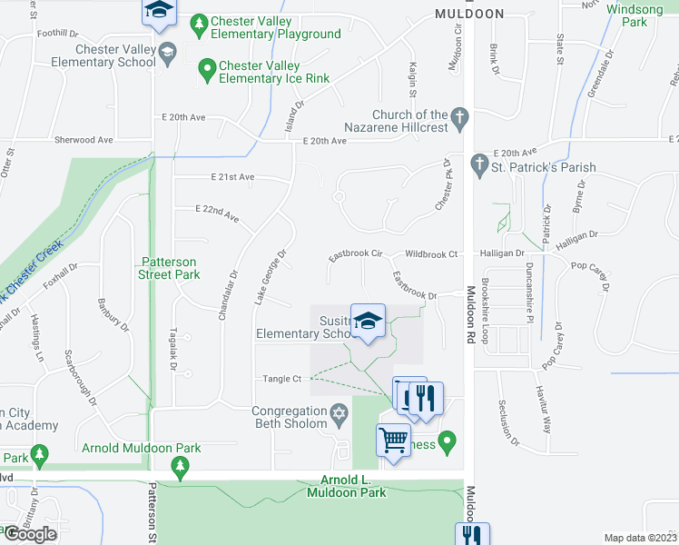 map of restaurants, bars, coffee shops, grocery stores, and more near 7532 Eastbrook Circle in Anchorage