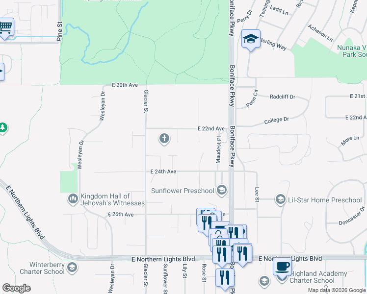 map of restaurants, bars, coffee shops, grocery stores, and more near 2243 Candy Place in Anchorage