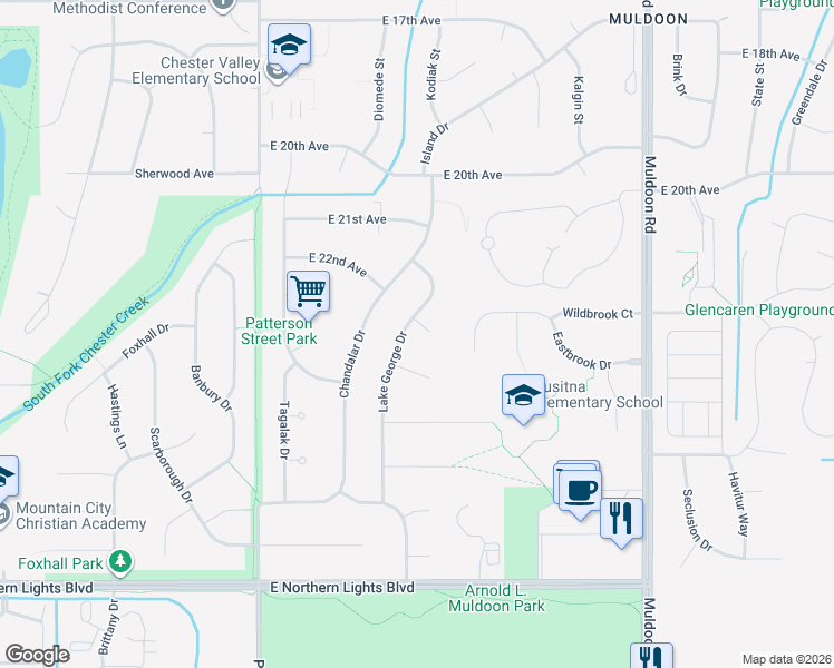 map of restaurants, bars, coffee shops, grocery stores, and more near 2281 Lake George Drive in Anchorage