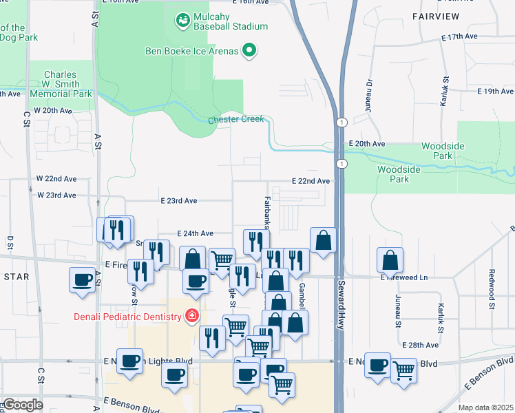 map of restaurants, bars, coffee shops, grocery stores, and more near 2306 Fairbanks Street in Anchorage