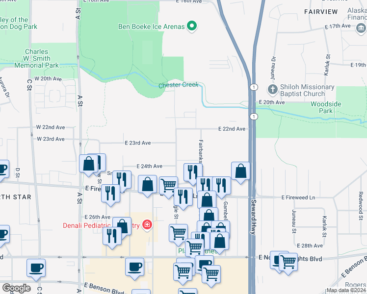 map of restaurants, bars, coffee shops, grocery stores, and more near 2301 Eagle Street in Anchorage
