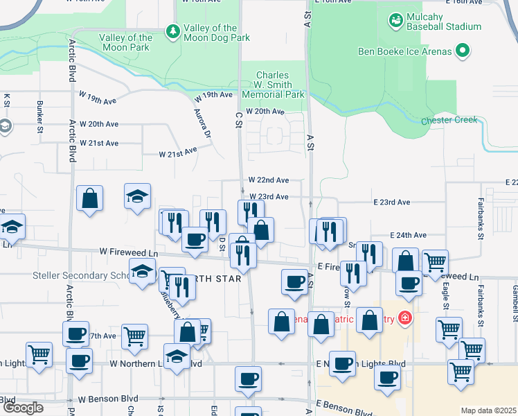 map of restaurants, bars, coffee shops, grocery stores, and more near 236 West 23rd Avenue in Anchorage