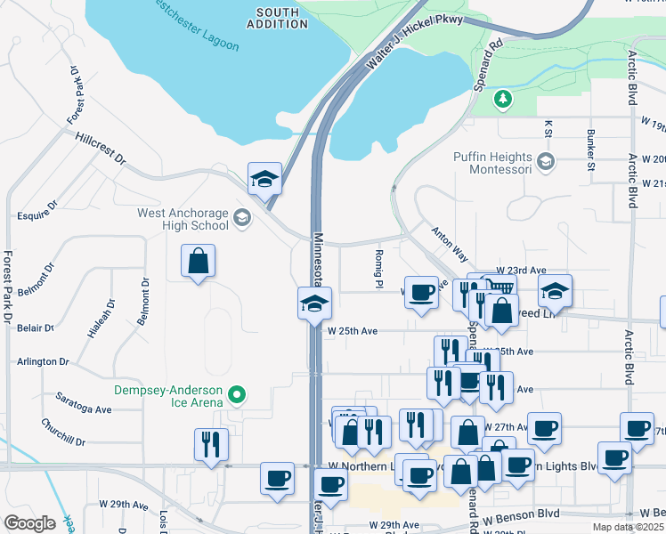 map of restaurants, bars, coffee shops, grocery stores, and more near 2216 Culver Place in Anchorage