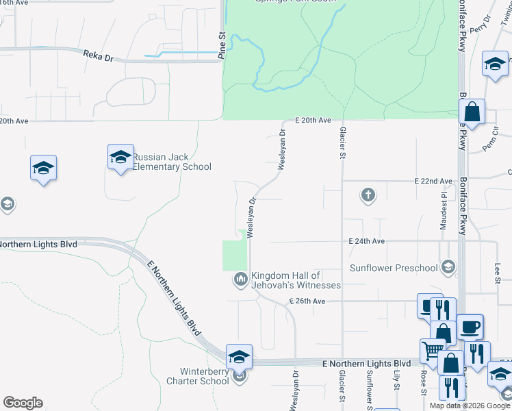 map of restaurants, bars, coffee shops, grocery stores, and more near 4800 Leah Court in Anchorage