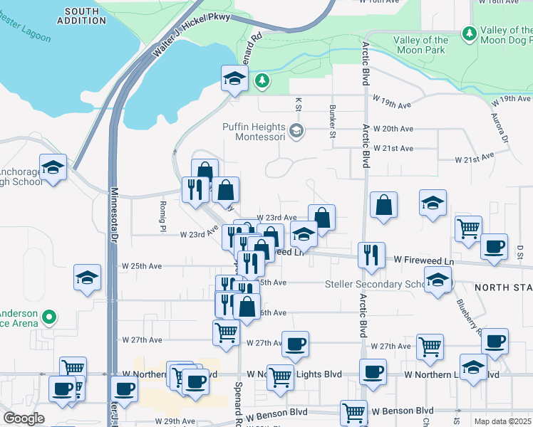 map of restaurants, bars, coffee shops, grocery stores, and more near 1073 West 23rd Avenue in Anchorage