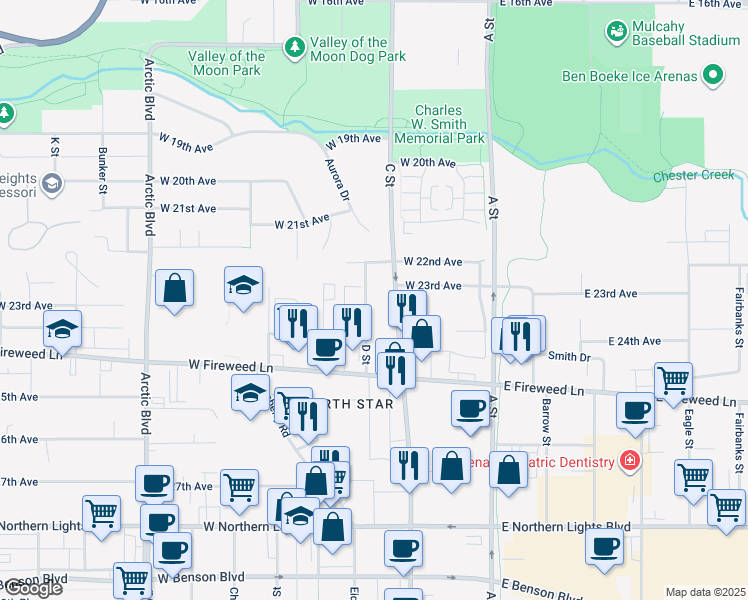 map of restaurants, bars, coffee shops, grocery stores, and more near 2303 D Street in Anchorage