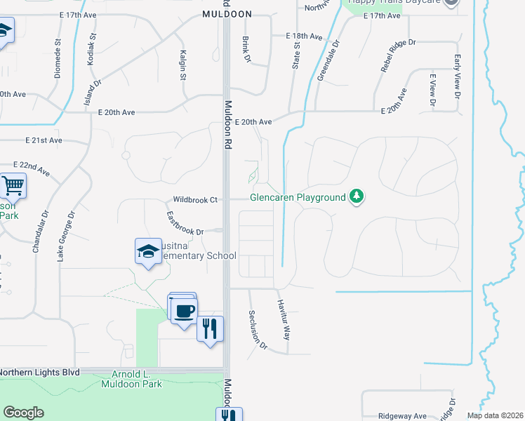 map of restaurants, bars, coffee shops, grocery stores, and more near 2253 Brookshire Loop in Anchorage