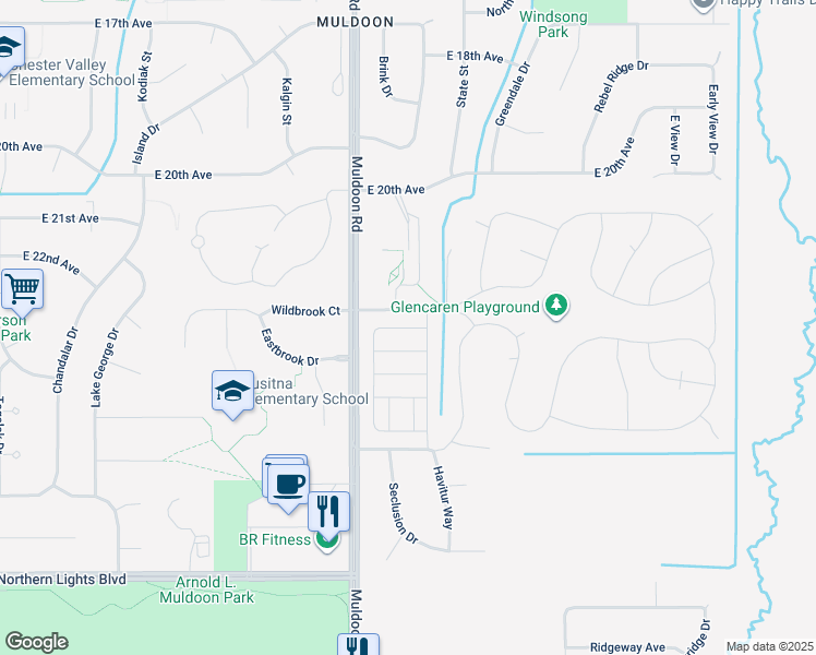 map of restaurants, bars, coffee shops, grocery stores, and more near 2253 Brookshire Loop in Anchorage