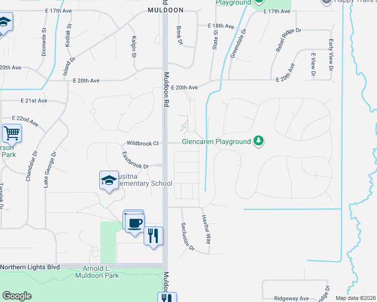 map of restaurants, bars, coffee shops, grocery stores, and more near 2253 Brookshire Loop in Anchorage