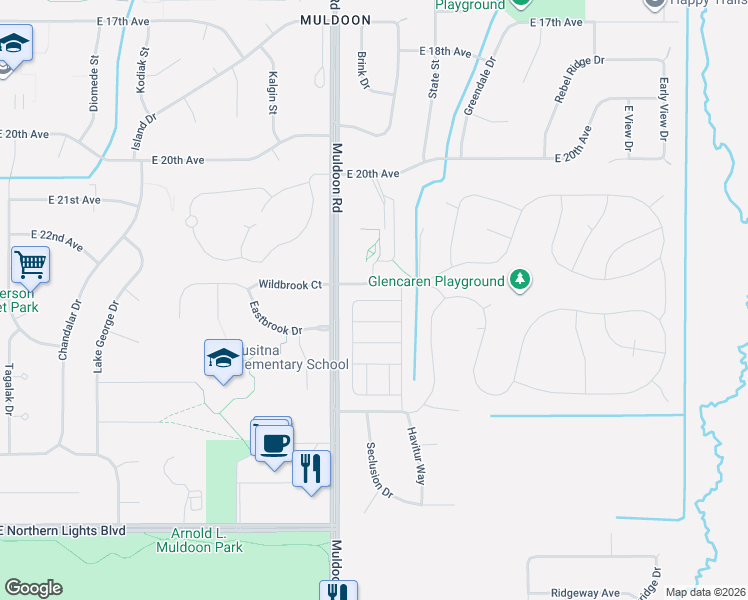 map of restaurants, bars, coffee shops, grocery stores, and more near 2253 Brookshire Loop in Anchorage
