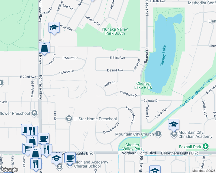 map of restaurants, bars, coffee shops, grocery stores, and more near 6005 More Lane in Anchorage