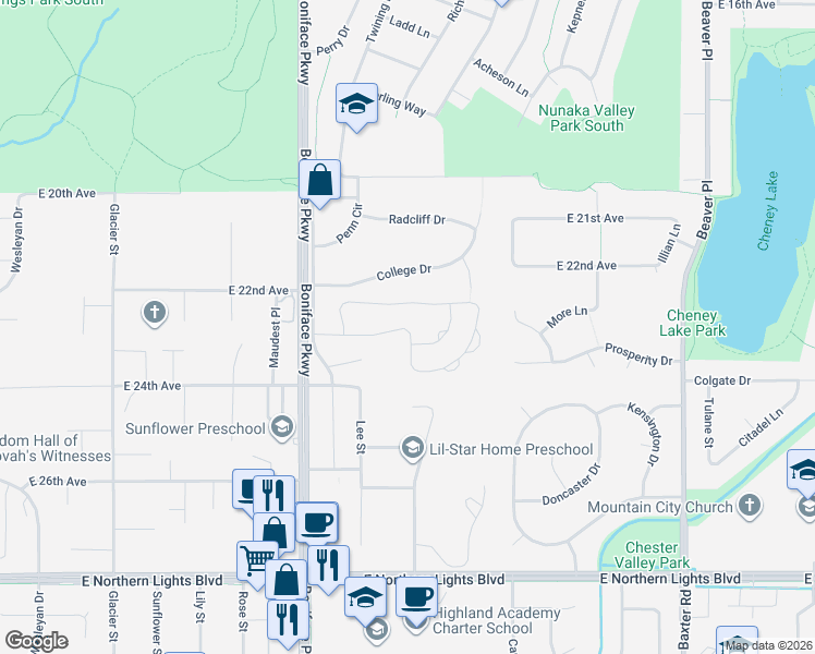 map of restaurants, bars, coffee shops, grocery stores, and more near 5808 Sapphire Loop in Anchorage