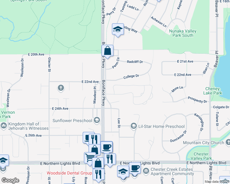 map of restaurants, bars, coffee shops, grocery stores, and more near 5508 Sapphire Loop in Anchorage