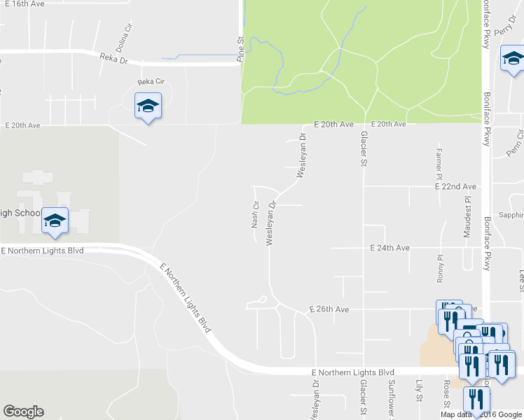 map of restaurants, bars, coffee shops, grocery stores, and more near 4800 Leah Court in Anchorage