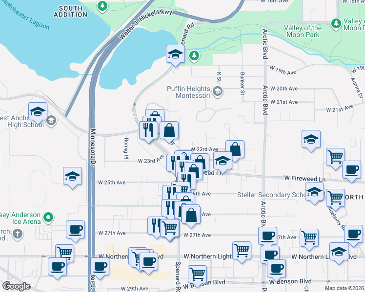 map of restaurants, bars, coffee shops, grocery stores, and more near 2211 Dahl Lane in Anchorage