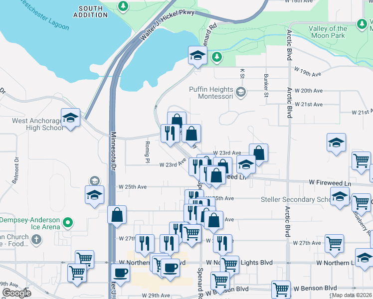 map of restaurants, bars, coffee shops, grocery stores, and more near 2261 Spenard Road in Anchorage
