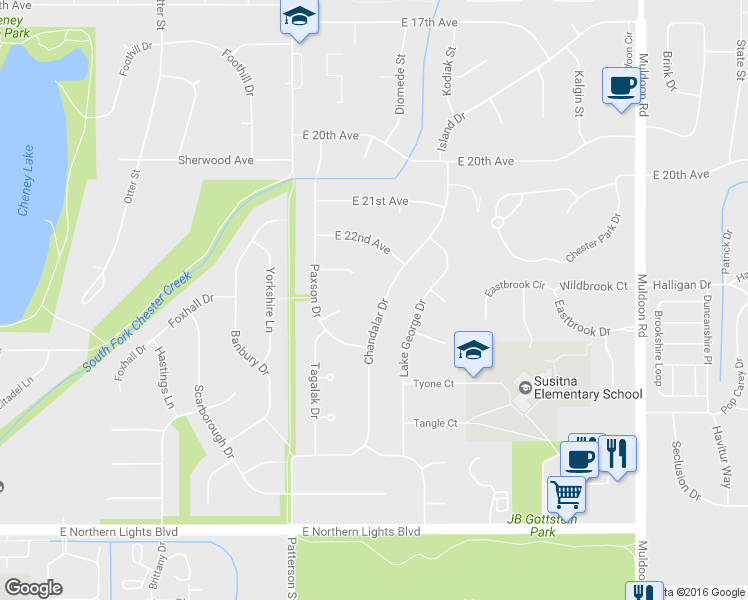 map of restaurants, bars, coffee shops, grocery stores, and more near 2240 Chandalar Drive in Anchorage