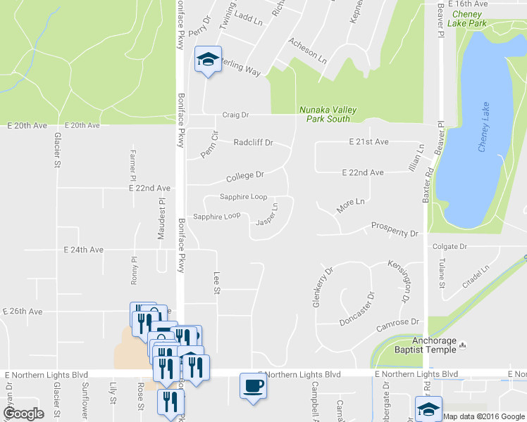 map of restaurants, bars, coffee shops, grocery stores, and more near 2244 Jasper Lane in Anchorage