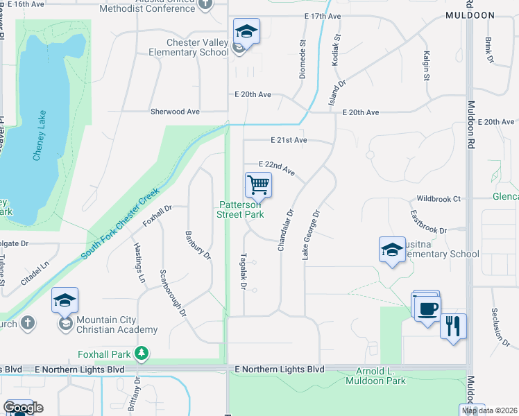 map of restaurants, bars, coffee shops, grocery stores, and more near 7211 Akutan Circle in Anchorage