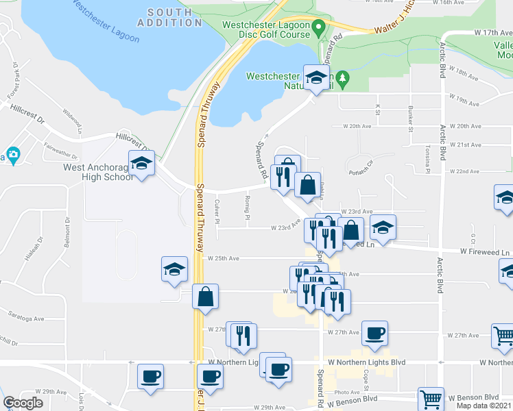 map of restaurants, bars, coffee shops, grocery stores, and more near 2205 Romig Pl in Anchorage