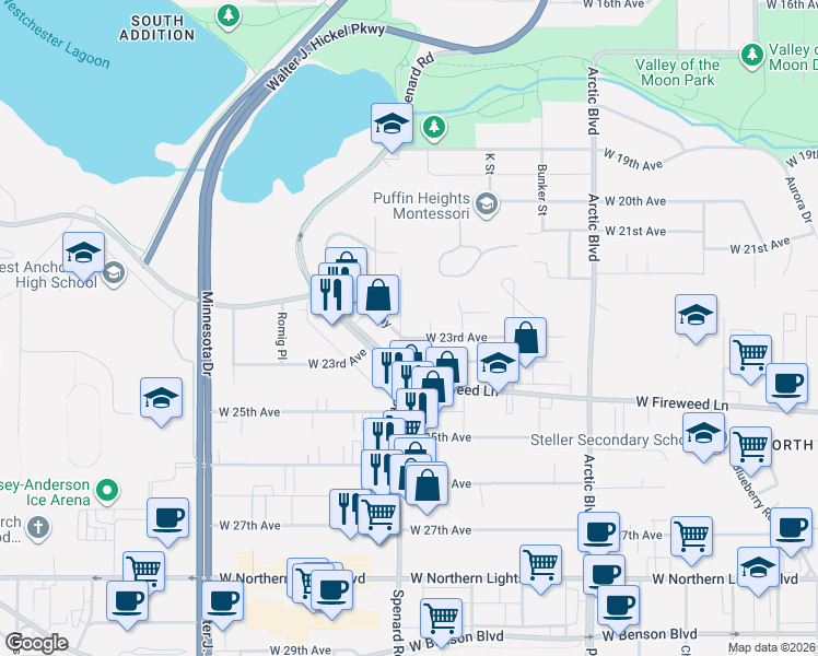 map of restaurants, bars, coffee shops, grocery stores, and more near 2211 Dahl Lane in Anchorage