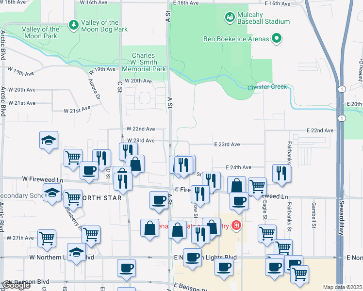 map of restaurants, bars, coffee shops, grocery stores, and more near 124 East 23rd Avenue in Anchorage