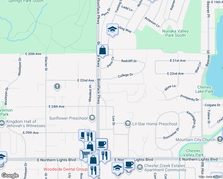 map of restaurants, bars, coffee shops, grocery stores, and more near 5508 Sapphire Loop in Anchorage