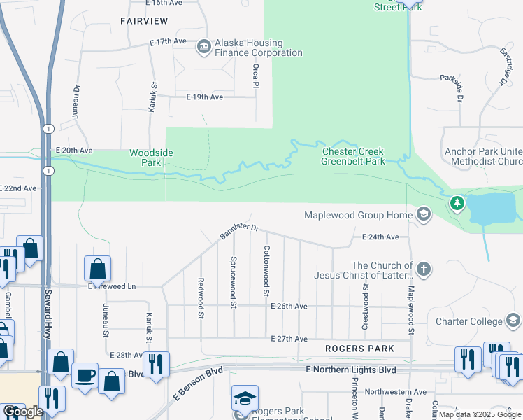 map of restaurants, bars, coffee shops, grocery stores, and more near 1443 Bannister Drive in Anchorage