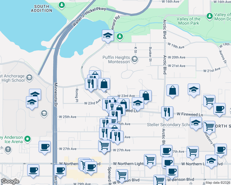 map of restaurants, bars, coffee shops, grocery stores, and more near 1073 West 23rd Avenue in Anchorage